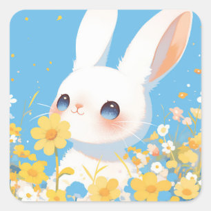 Sticker Carré Lapin blanc de près dans un jardin floral jaune