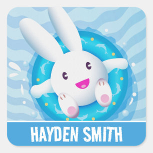 Sticker Carré Lapin blanc mignon fête personnalisée au bord de l