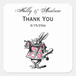 Sticker Carré Lapin Blanc Trompettiste Alice Av Merveilles Rose