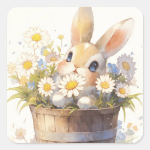 Sticker Carré Lapin Brun et Marron dans un Seau en Bois