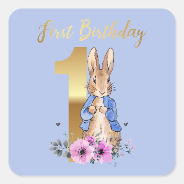 Sticker Carré Lapin classique pour premier anniversaire (Devant)