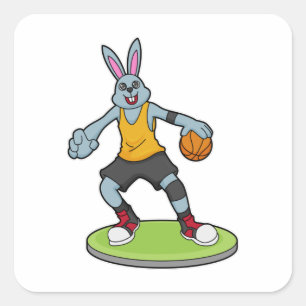 Sticker Carré Lapin comme joueur de basket-ball avec basket-ball