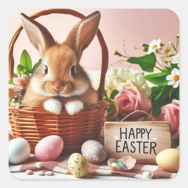 Sticker Carré Lapin dans un panier de Pâques (Devant)