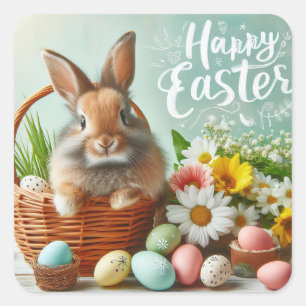 Sticker Carré Lapin dans un panier, fleurs et oeufs de Pâques