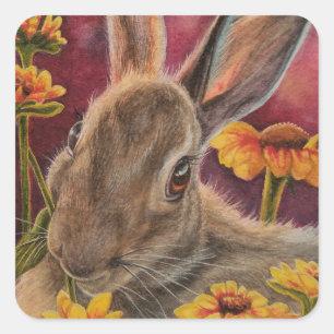 Sticker Carré Lapin d'automne Lapin Fleurs Jaunes Aquarelle Art