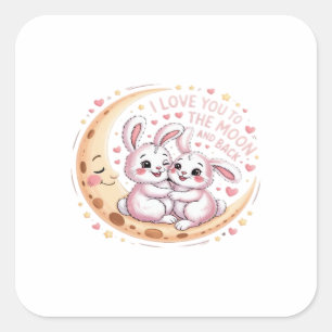 Sticker Carré Lapin de couple Je t'aime jusqu'à la lune et retou