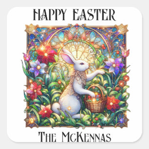 Sticker Carré Lapin de jardin Art Nouveau élégant pour Pâques