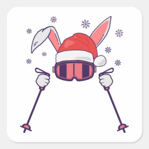 Sticker Carré Lapin de Noël skieur avec chapeau de Père Noël et