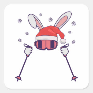 Sticker Carré Lapin de Noël skieur avec chapeau de Père Noël et