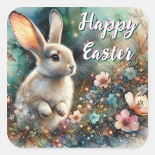 Sticker Carré Lapin de Pâques aquarelle bois