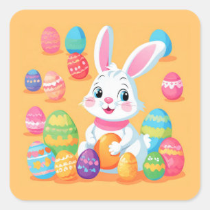 Sticker Carré Lapin de Pâques avec Planche d'autocollants Œufs d