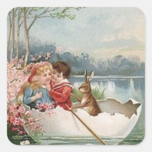 Sticker Carré Lapin de Pâques Bateau Jeune Couple Paysage
