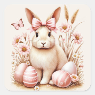 Sticker Carré Lapin de Pâques Bunny Rose Oeufs Coquette Nœud
