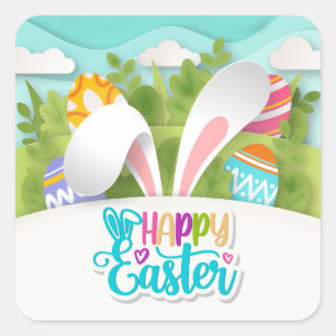 Sticker Carré Lapin de Pâques Coloré et Joyeux avec Oreilles et 