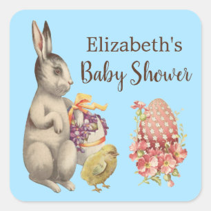 Sticker Carré Lapin de Pâques lapin et Baby shower bleu poulet