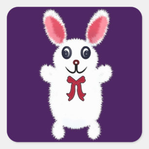 Sticker Carré Lapin de Pâques Mignon, Doux et Blanc avec un Nœud