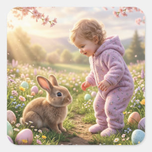 Sticker Carré Lapin de Pâques mignon et enfant