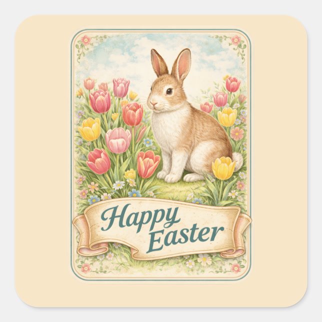 Sticker Carré Lapin de Pâques vintage (Devant)