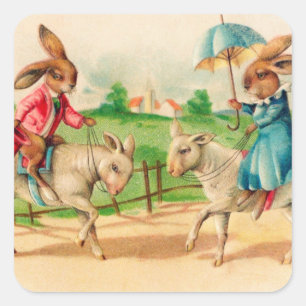 Sticker Carré Lapin de Pâques vintage Agneaux d'équitation de la