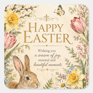 Sticker Carré Lapin de Pâques vintage Fleurs de jardin de bienve