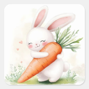 Sticker Carré Lapin de printemps à l'aquarelle mignon Carotte