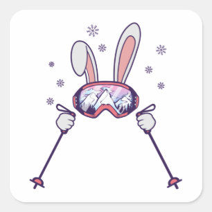 Sticker Carré Lapin de ski avec bâtons de ski et lunettes de ski
