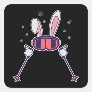 Sticker Carré Lapin de ski avec bâtons de ski et lunettes de ski