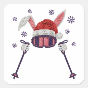 Sticker Carré Lapin de ski en faux fil avec chapeau de Père Noël