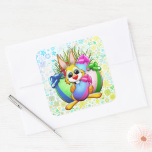 Sticker Carré Lapin drôle mordant un œuf de Pâques