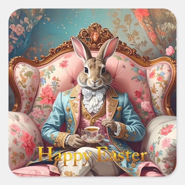 Sticker Carré Lapin élégant buvant du thé Joyeuses Pâques (Devant)