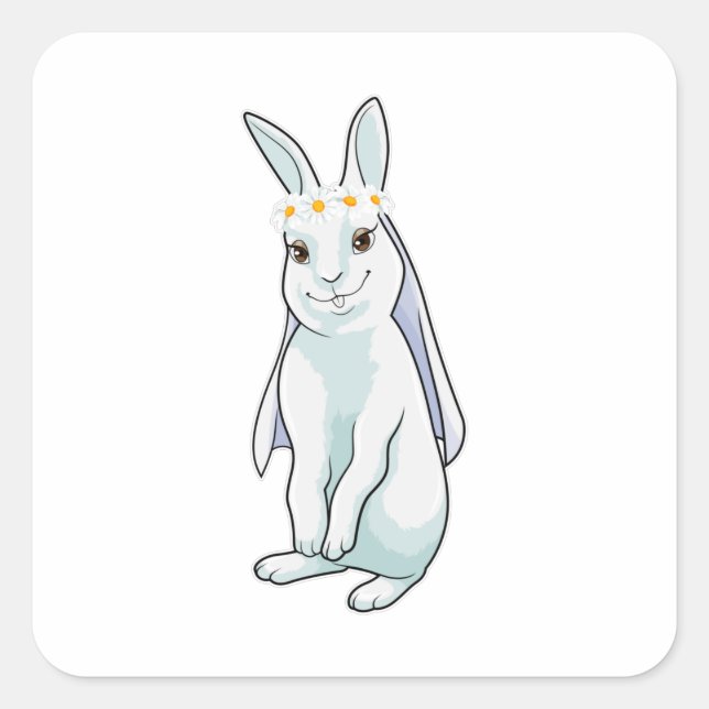 Sticker Carré Lapin en mariée avec couronne de fleurs (Devant)
