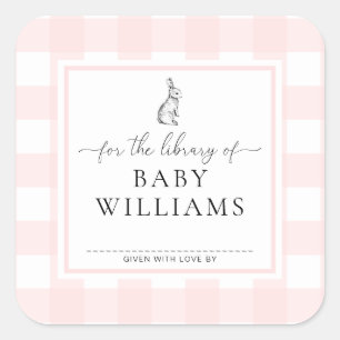 Sticker Carré Lapin En vichy Rose Pour La Bibliothèque De Plaque