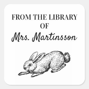 Sticker Carré Lapin enseignant noir et blanc de la bibliothèque