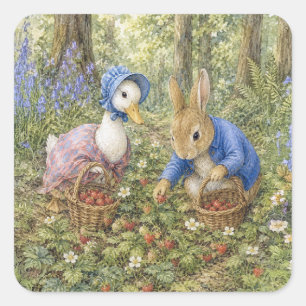 Sticker Carré Lapin et canard classiques cueillant des fraises s