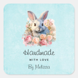 Sticker Carré Lapin fait main avec amour avec une guirlande de r