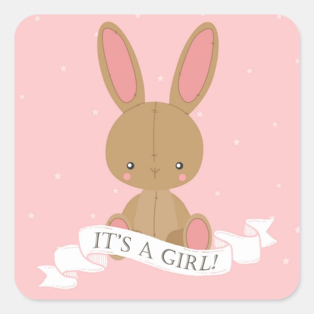 Sticker Carré Lapin farci C'est une fille ! Baby shower rose (Devant)