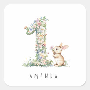 Sticker Carré Lapin Floral pour le Premier Anniversaire