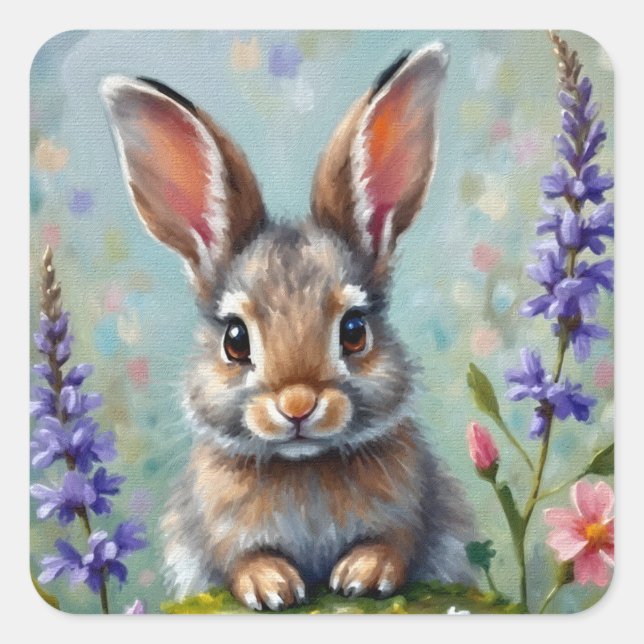 Sticker Carré Lapin Fluffy dans un champ de fleurs (Devant)