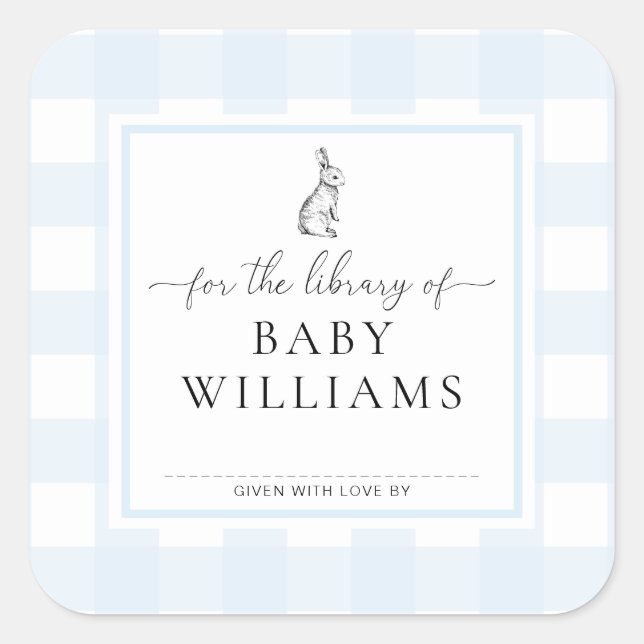 Sticker Carré Lapin Gingham Bleu Pour La Bibliothèque D'ex-Libri (Devant)