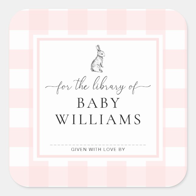 Sticker Carré Lapin Gingham Rose Pour La Bibliothèque D'ex-Libri (Devant)