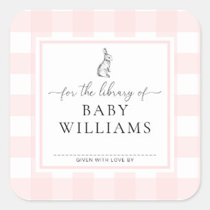 Sticker Carré Lapin Gingham Rose Pour La Bibliothèque D'ex-Libri