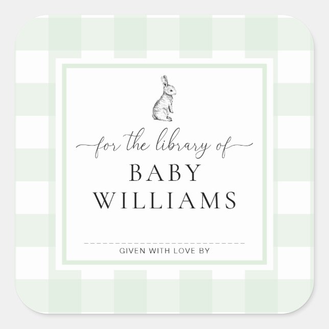 Sticker Carré Lapin Gingham Vert Pour La Bibliothèque D'ex-Libri (Devant)