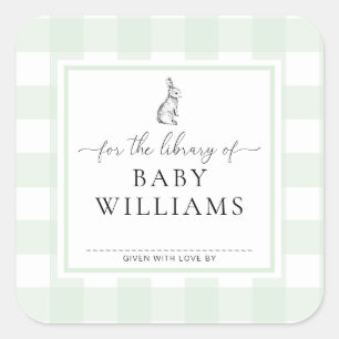 Sticker Carré Lapin Gingham Vert Pour La Bibliothèque D'ex-Libri