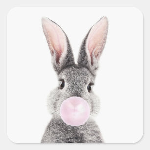 Sticker Carré Lapin gris soufflant bulle rose gomme