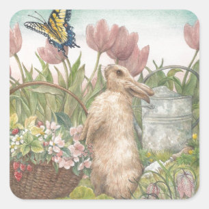 Sticker Carré Lapin illustré de ressort dans le jardin