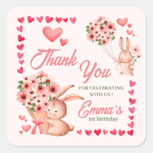 Sticker Carré Lapin lapin mignon avec Anniversaire Coeur rose