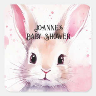 Sticker Carré Lapin Mignon Aquarelle Rose Baby Shower