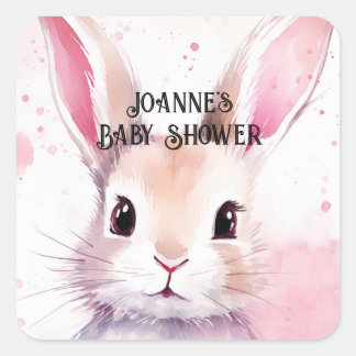 Sticker Carré Lapin Mignon Aquarelle Rose Baby Shower