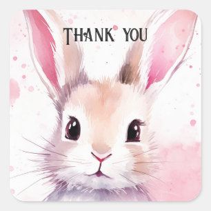 Sticker Carré Lapin Mignon Aquarelle Rose Baby Shower