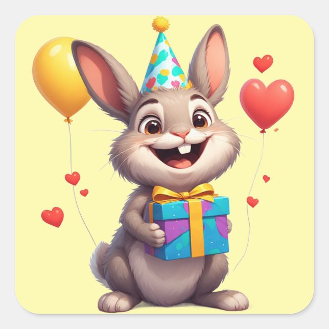 Sticker Carré 🐰 Lapin Mignon Avec Cadeau D'anniversaire (Devant)